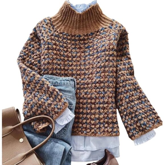 Sweaters - Women's Chunky Knit Sweater Mock Neck Long Sleeve Brown Cozy Casual Top